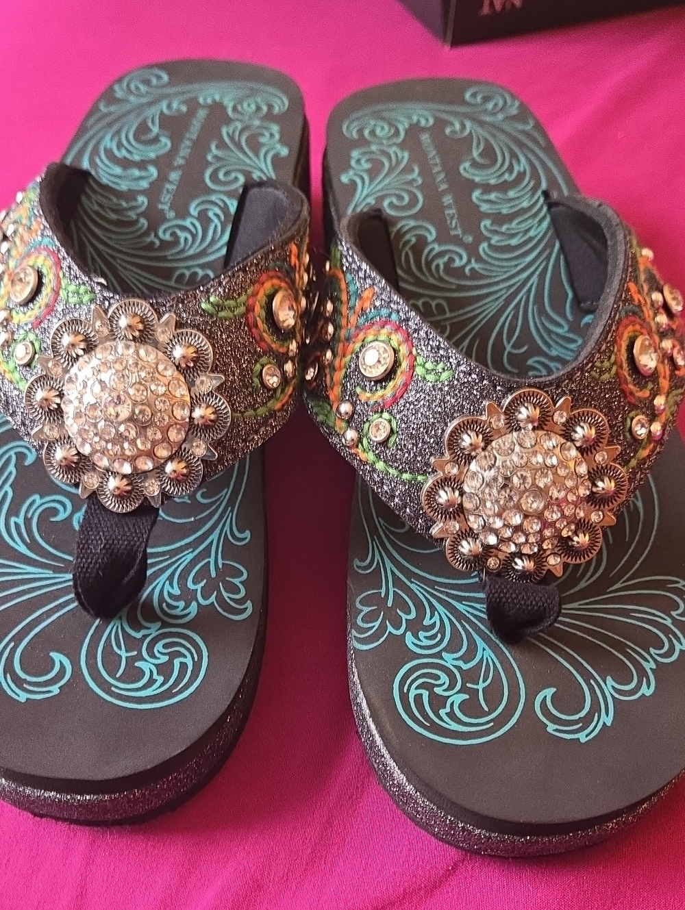 Montana West Black, Women's 9  Multicolor Western Bling Rhinestone Wedge Sandals